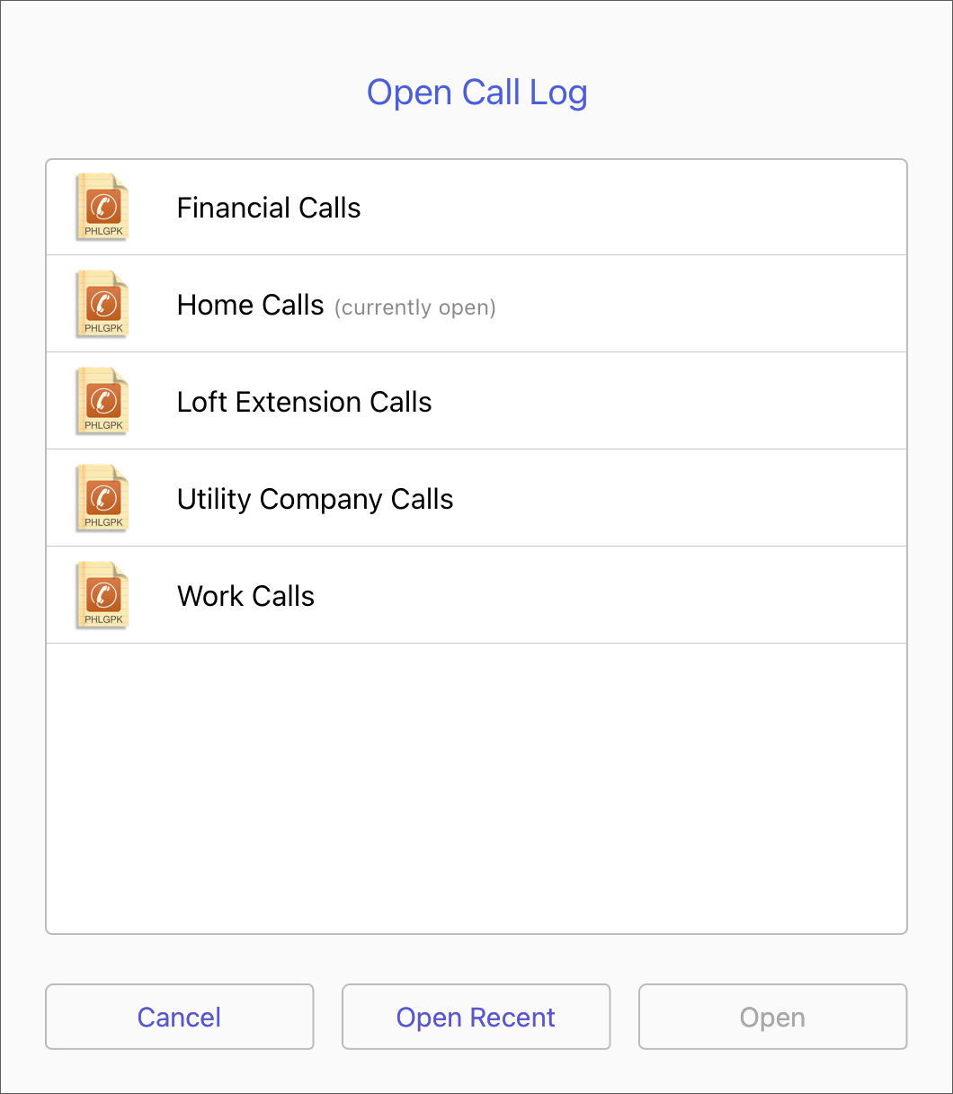 Open Call Log Screen image